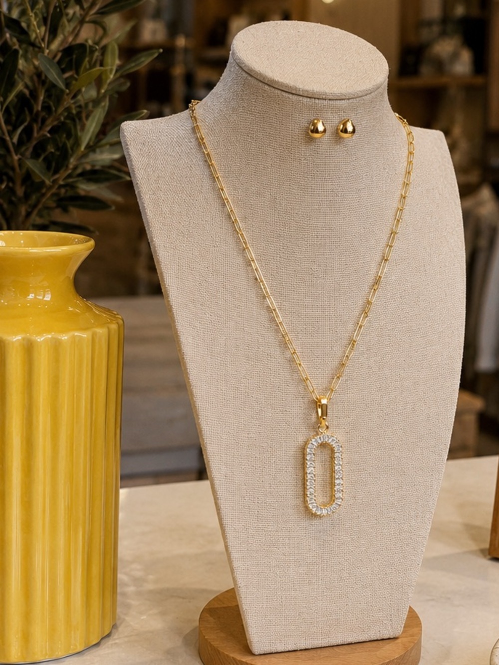 Love Poppy Gold Rectangular Pendant Crystal Necklace Set